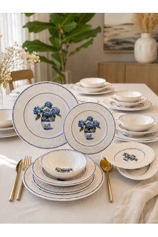 26 Parça 6 Kişilik Vintage Hydrangea Yemek Takımı-7210 Beyaz