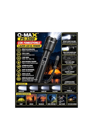 Q Max Ps 3200 Çok Fonksiyonlu Şarjlı Led El Feneri Beyaz Işık Ayarlanabilir Zoom Modu Type C