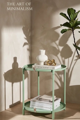 Çift Tepsili Katlanır Orta Yan Yuvarlak Sehpa Metal Ayak - Modern Sehpa 50cm 44 Cm Tepsi Deri Kulplu Mint Yeşili