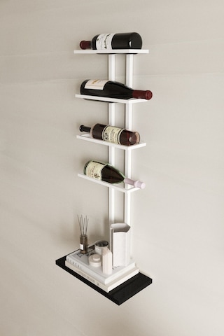 Aju Şaraplık Ve Kadeh Rafı Duvara Monte Şarap Mahzeni Modern Duvar Alkol Rafı - Metal Ve Ahşap Tasarım Beyaz