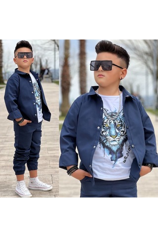 Modavals Gabardin Gömlek Kargo Cep Pantolon Ve Kaplan Baskılı Tshırt 3 Parça Erkek Çocuk Takım Lacivert