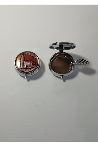 Mini Taşınabilir Cep Küllüğü Bakır Rengi - Çanta Küllüğü 5cm - İstanbul Galata Desenli Kapaklı Metal Mini Kül Tabağı