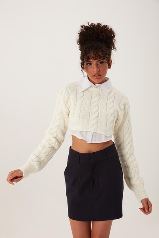 Quhox Kadın Triko Crop Sweatshirt Krem