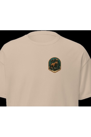 Wildstyle Boz Ayı Renkli Vintage Yaban Hayat Doğa Orman Rozet Baskılı Unisex Bisiklet Yaka Pamuklu Tişört Camel