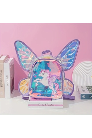 Wangxi 1 Adet Sevimli Pembe Tek Boynuzlu At Mini Sırt Çantası Büyük Kelebek Kanatları Şeffaf Tpu Ayarlanabilir Askı Fermuar Kapatma Hafif Kolej İçin Doğum Günü Hediyesi Altın