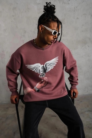 Freedom Storee Erkek Güvercin Baskılı Bisiklet Yaka Sweatshirt 3 İplik Pamuklu - Gül Kurusu Çok Renkli