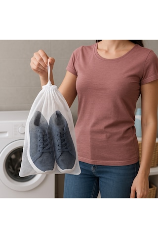 3 Lü Set Ayakkabı Yıkama Filesi 35x55 Cm Ağzı Büzgülü Çamaşır Makinesi Koruma Filesi Beyaz