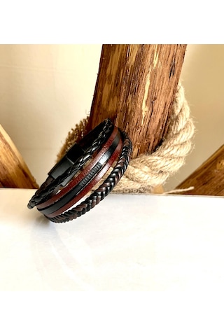 %100 Deri 5li Kombin Kahverengi Erkek Bileklik 21cm Türk Üretim Kahverengi - Siyah