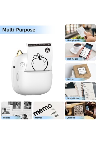 Yunboo C23 Termal Etiket Yazıcı - Bluetooth, 203dpi, Pilli, Beyaz - 6 Adet Termal + 5 Yapışkan + 3 Renkli Kağıt Seti