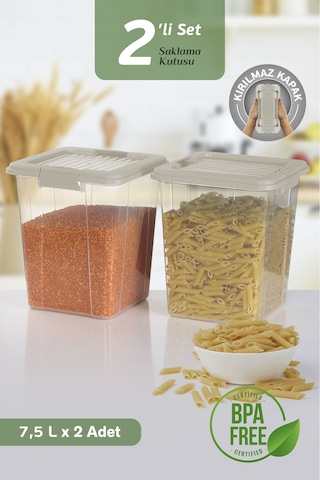 2'li Organizer Box 7,5l Un Bakliyat Erzak Kabı Kilit Kapaklı Düzenleyici Deterjanlık Saklama Kutusu Bej