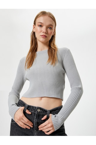 Koton Crop Triko Kazak Bisiklet Yaka Slim Fit Uzun Kollu Gri 5wal90019ht Gri