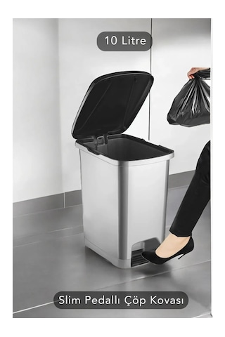 Slim Pedallı Banyo Mutfak Çöp Kovası 10 Litre Ergonomik Tasarım Plastik Malzeme İle Kullanışlı Gri