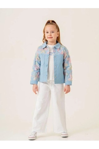 Kız Çocuk Tüllü Çiçek İşlemeli Kot Ceket T-shirt İkili Takım-15512 Mavi
