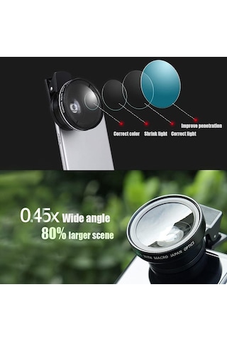 2 Si 1 Arada Klipsli Telefon Kamera Lensi 0.45x Ultra Geniş Açı 10x Makro 37mm Evrensel 49mm Uv Port Siyah Siyah