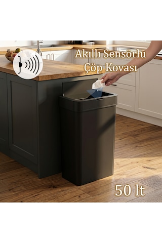 Porsima Me-05-1 Hareket Sensörlü Sessiz Kapatma Çöp Kutusu Banyo Mutfak Çöp Kovası Kapaklı Banyo Çöp Kovası 2 Adet Aa Pil Siyah 50lt
