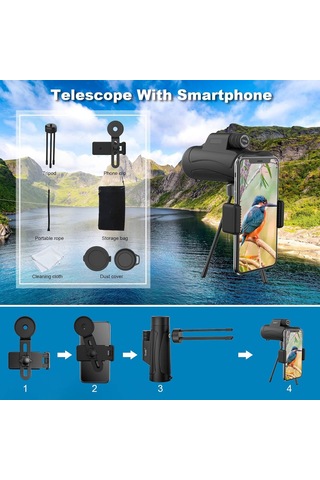 Yetişkinler İçin Akıllı Telefon Tutucu Tripodlu 10x42 Monoküler Teleskop, Hd Bak4 Prısm