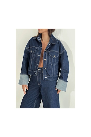 Zdnjeans W1910 Kolu Katlamalı Lacivert Crop Denim Ceket
