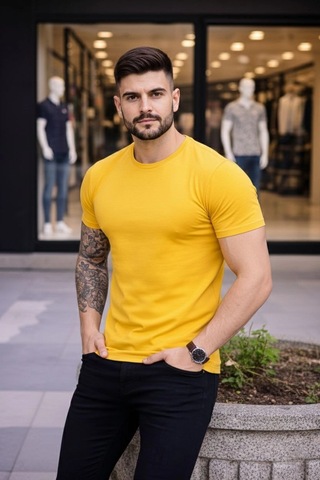 Novalisse Erkek Body Tişört Bisiklet Yaka Slim Fit Likralı T-shirt - Sarı Çoklu Renk