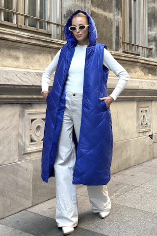 Veraura Lifestyle Saks Mavi Kapüşonlu Cepli Baklava Desen Uzun Şişme Yelek
