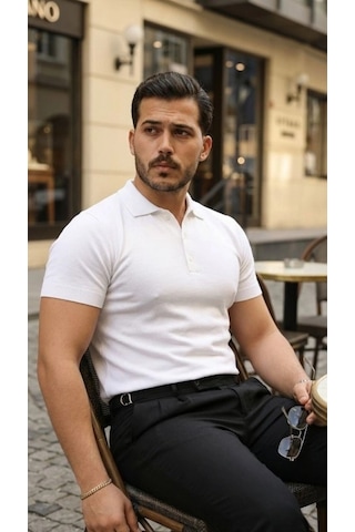 Defymoda Erkek Düğme Yakalı Kısa Kollu Pamuk Triko Tişört Beyaz