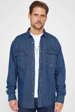 Tudors Relax Fit Uzun Kollu Rahat Kesim Çift Cepli Metal Düğmeli Denim Erkek Gömlek-31321-lacivert Lacivert