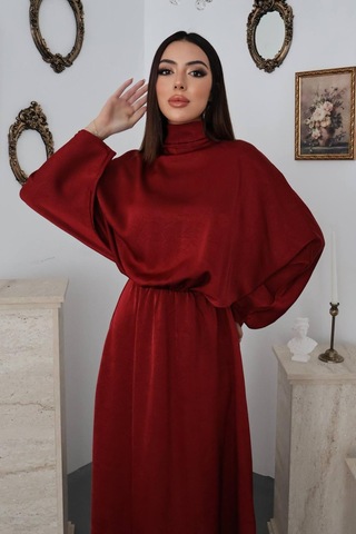 Maximodena Bordo Jakarlı Saten Elbise - Bordo