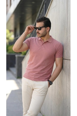 Defymoda Erkek Kısa Kollu Yakalı Tişört Gülkurusu