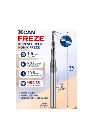 Konik Küresel Cnc Freze Ucu R0.75 1.5 Mm 6 Mm Şaft 75 Mm Konik Küresel Cnc Freze Ucu R0.75 1.5 Mm 6 Mm Şaft 75 Mm