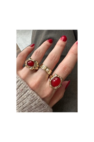 Lunarie Vintage Dövme Kırmızı Taşlı 3'lü Yüzük Seti Altın