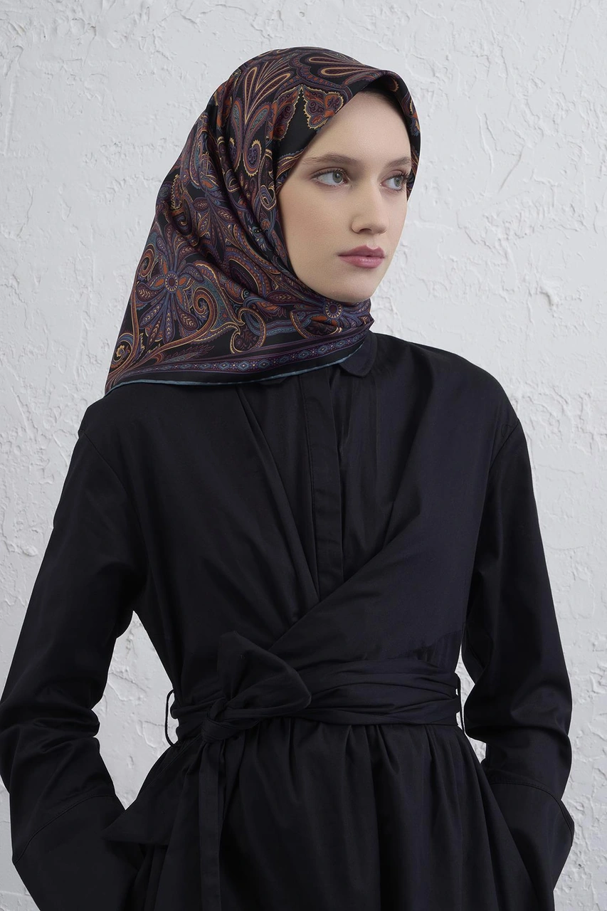 Armine Etnik Desen Saf İpek Twill Eşarp 9421d 86 Siyah