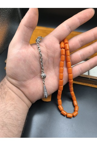 Osmanlı Benzetme Çubuk Sıkma Tesbih Turuncu, 10x7 Mm Gümüş
