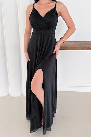 Neşeli Butik Kadın Ayarlanabilir Askılı Yırtmaçlı Tül Abiye Elbise Rys9276 Siyah
