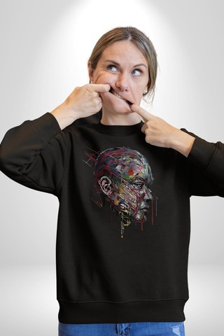İnsan Kafası Sulu Boya Unisex Siyah Baskılı Sweatshirt Siyah