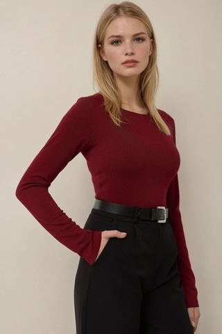 Hiccup Kayık Yaka Uzun Kollu Slim Fit Top Bordo Kırmızı