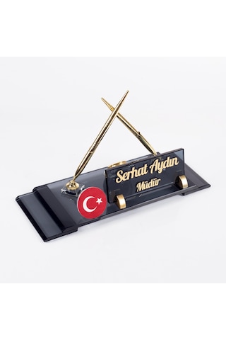 Ofistike Türk Bayraklı Logolu Elit Kristal Ofis Masaüstü İsimlik