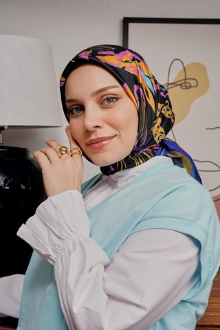 Afvente Yaprak Desen Lacivert Soft Pamuk Eşarp
