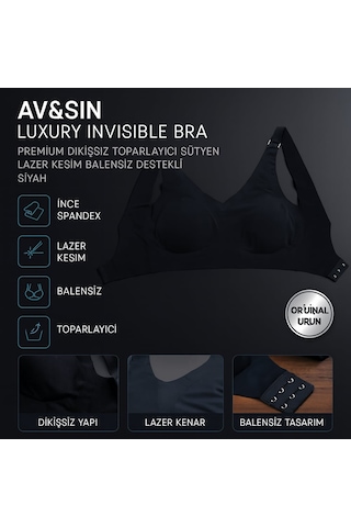 Av&sın Luxury Invisible Bra Premium Dikişsiz Toparlayıcı Sütyen Lazer Kesim Balensiz Destekli Siyah Beyaz