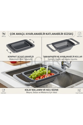 Ayarlanabilir Katlanabilir Lavabo İçi Süzgeç 6.3 Litre Geniş Hacimli Meyve, Sebze Ve Makarna Süzgeci Antrasit Gri