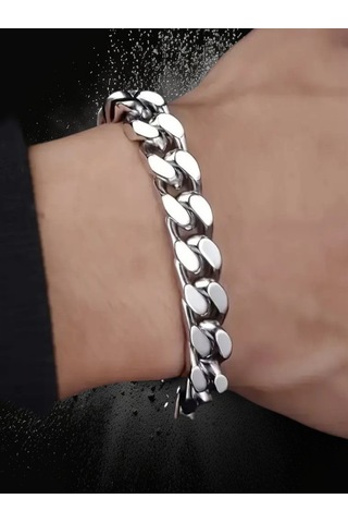 Çelik Bileklik Kalın Örgü Zincir Model 10 Mm Uzunluk 21 Cm Gümüş Silver Gümüş