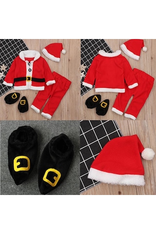 Suntek Bebek Erkek Kız Noel Baba Kostüm Seti 4 Adet Kırmızı