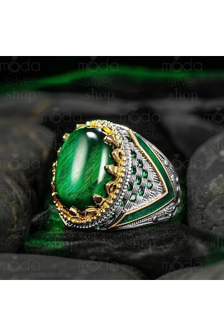 925 Ayar Gümüş Yeşil Kaptan Gözü Taşlı Mineli Erkek Yüzük Gümüş