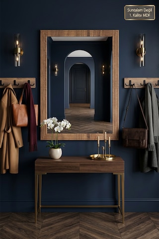 Antik Ahşap Dekoratif 3 Parça Portmanto Aynalı Askılık Set Oda Duvar Antre Hol Koridor Lavabo Makyaj Raflı Askılı Ayna X-2 Atlantik Çam