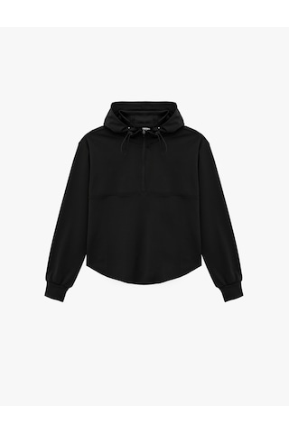 Koton Rahat Kalıp Yarım Fermuarlı Stoperli Kapüşonlu Uzun Kollu Spor Sweatshirt Siyah 7wak10190nk
