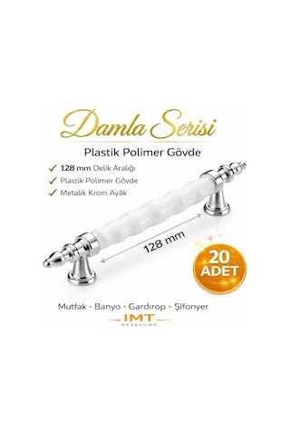 Damla Lüks Polimer Mobilya Kulpu 128 Mm Beyaz-krom 20 Adet Mutfak Dolabı Çekmece Vestiyer Kulpu Gümüş