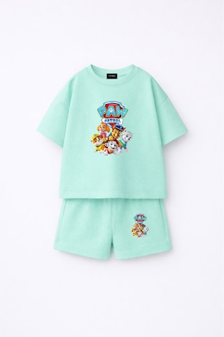Fasardi Paw Patrol Baskılı Oversize %100 Pamuk Tişört Şort Çocuk 2li Takım Su Yeşili