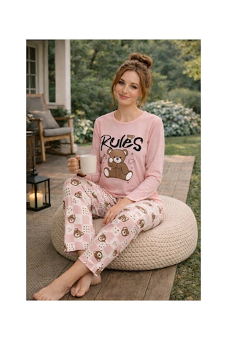 Rindahomewear Kadın Rules Ayıcık Baskılı Süprem Uzun Kol Pijama Takımı Pembe