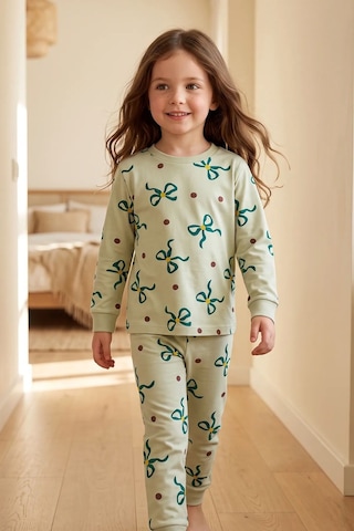 Zuzunga Kız Çocuk Fiyonk Ve Puantiye Desenli Uzun Kollu Pijama Takımı Yeşil