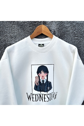 Wednesday Oversize Baskılı Pamuklu  Uzun  Kollu Bisiklet Yaka Sweatshirt Ekru