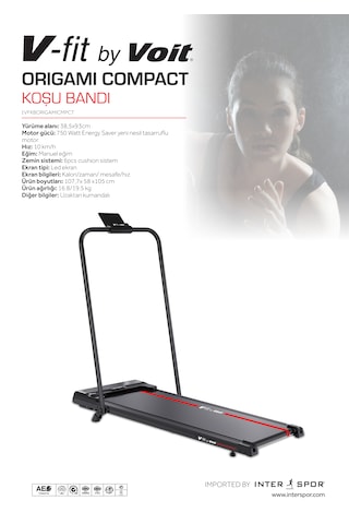 Voit V-fıt By Voit Origami Compact Koşu Bandı Ev Tipi Katlanabilir Yürüyüş Bandı 750w Energy Saver Motor, 1-10 Km/s, Led Ekran, Uzaktan Kumanda