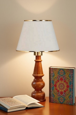 Ahşap Gövdeli Kumaş Başlıklı Dekoratif Abajur Masa Lambası Aydınlatma Lamba Krem